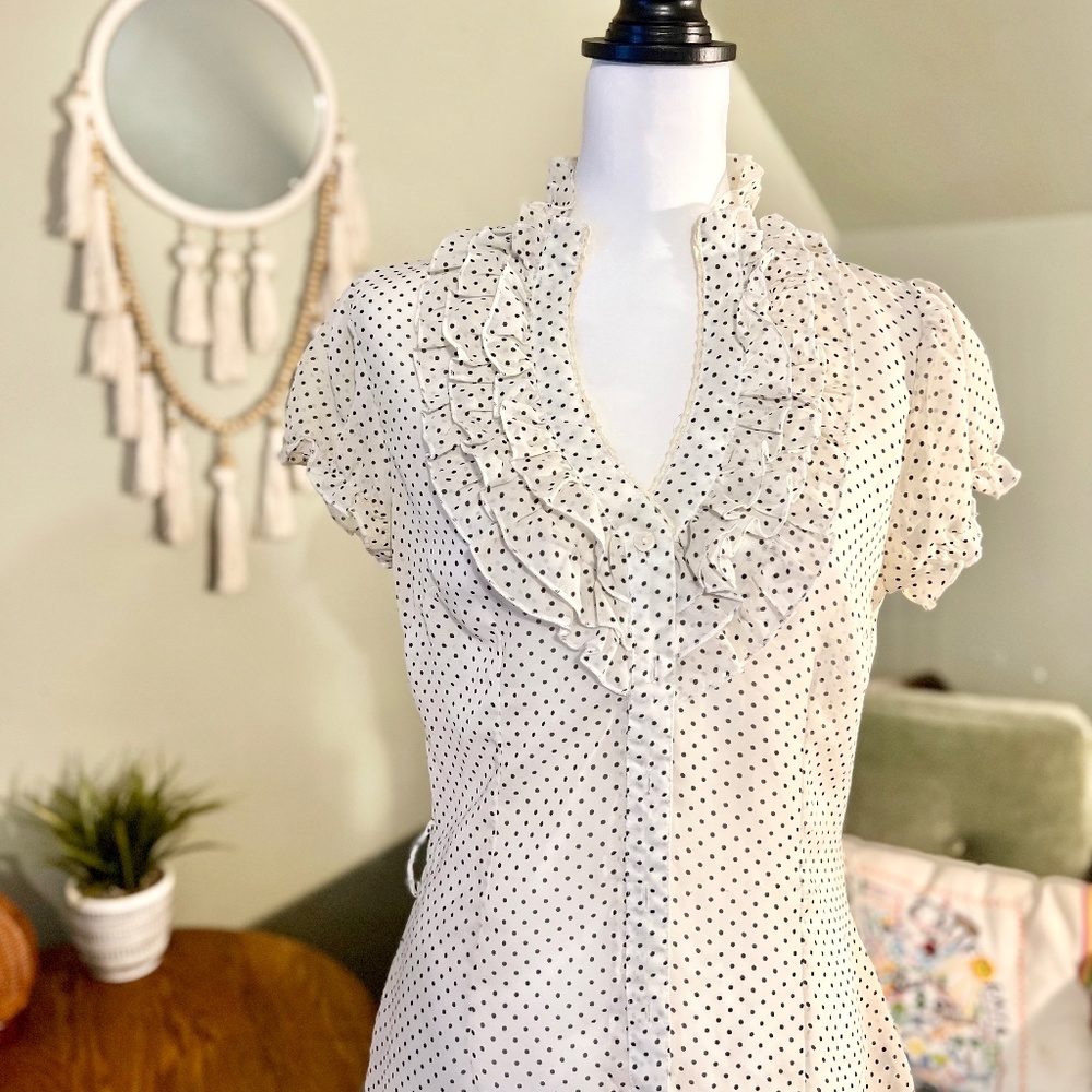 SHEER POLKA-DOT RUFFLE BLOUSE